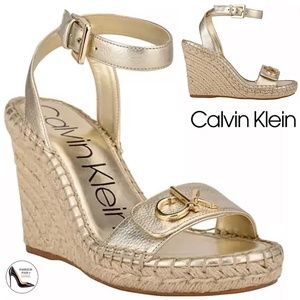 Calvin Klein Karla Gold Leather Espadrille Platform Wedge Slingback Sandals 9.5